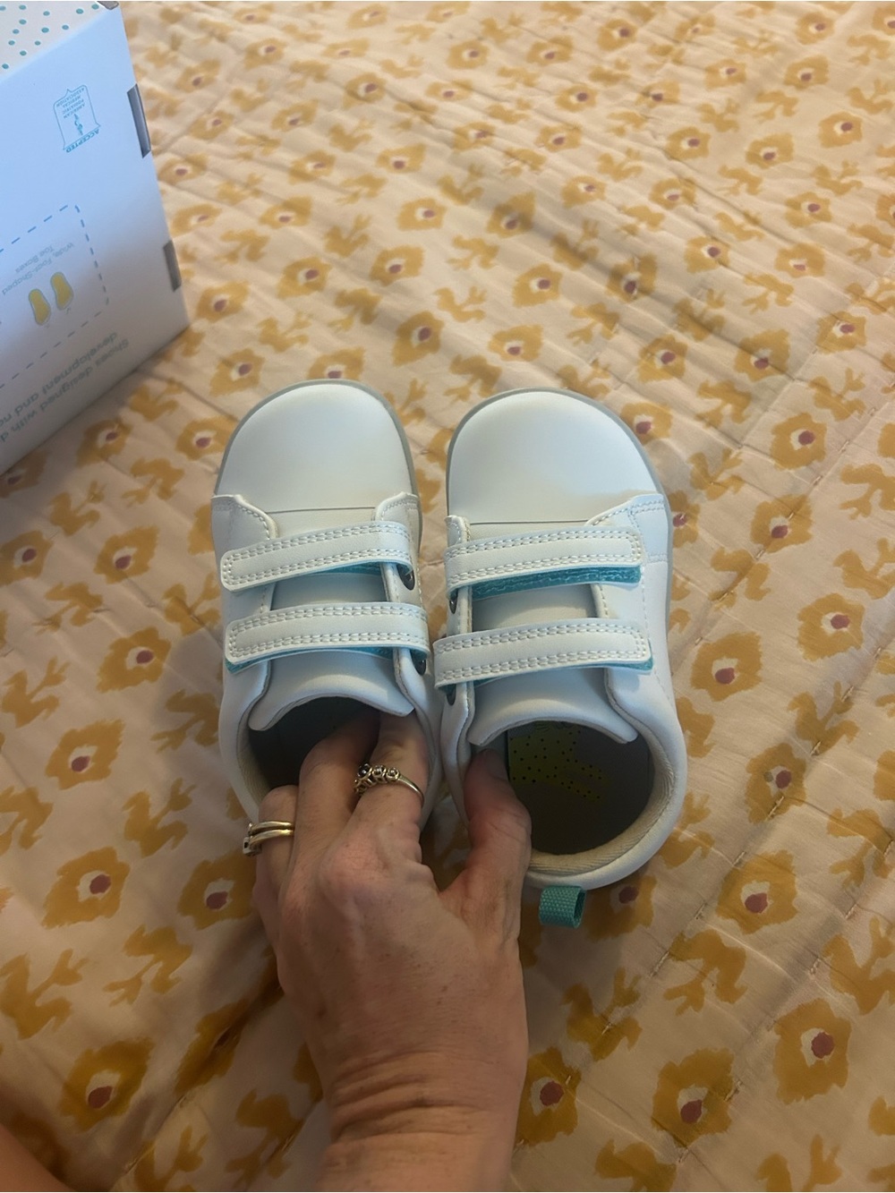 Toddler White Hook-and-Loop Sneakers with Teal Accent